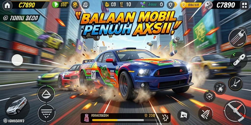 Gameplay C7890 dengan balapan mobil yang seru dan kompetitif.