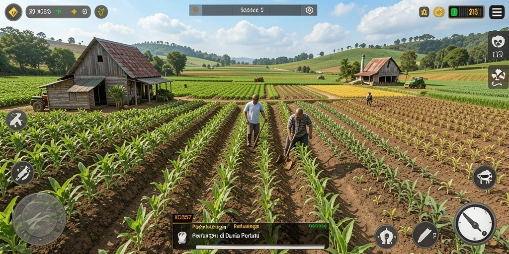 Screenshot gameplay KO857 menampilkan pertanian yang subur dan interaktif.